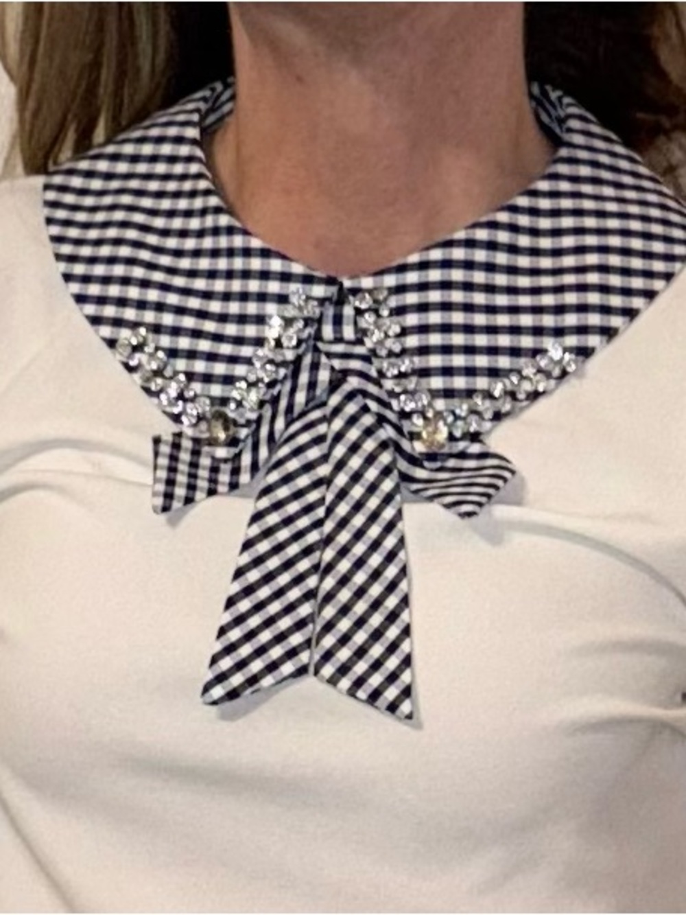 Crystal-Trim Gingham Bow Collar Blouse - White & Navy